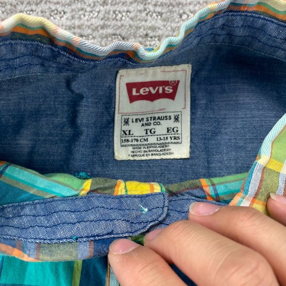 Levi's Shirt Boys Extra Large XL 13-15 Years Green Yellow Blue Plaid Button Up - Picture 3 of 10